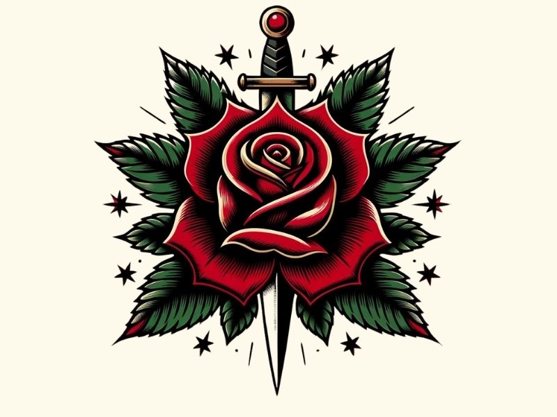 An American traditional rose and dagger tattoo design.