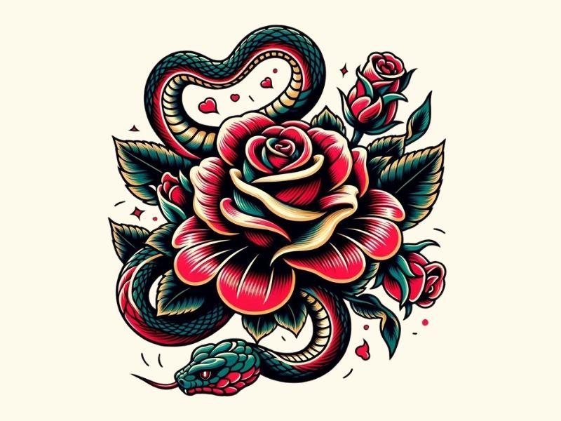 An American traditional rose and snake tattoo design.