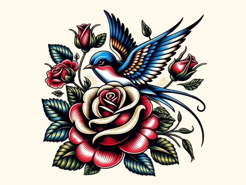An American traditional rose and swallow tattoo design.