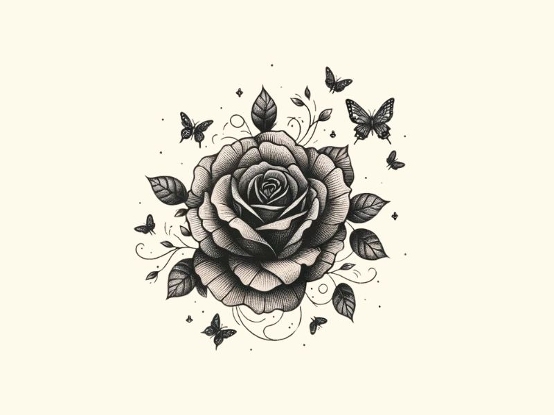 A black rose and butterfly tattoo design.