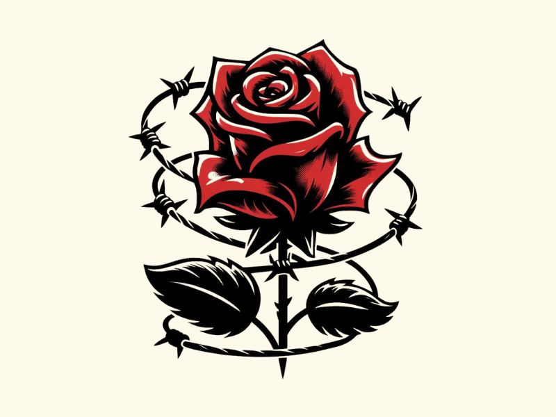A red rose and barbed wire tattoo design.