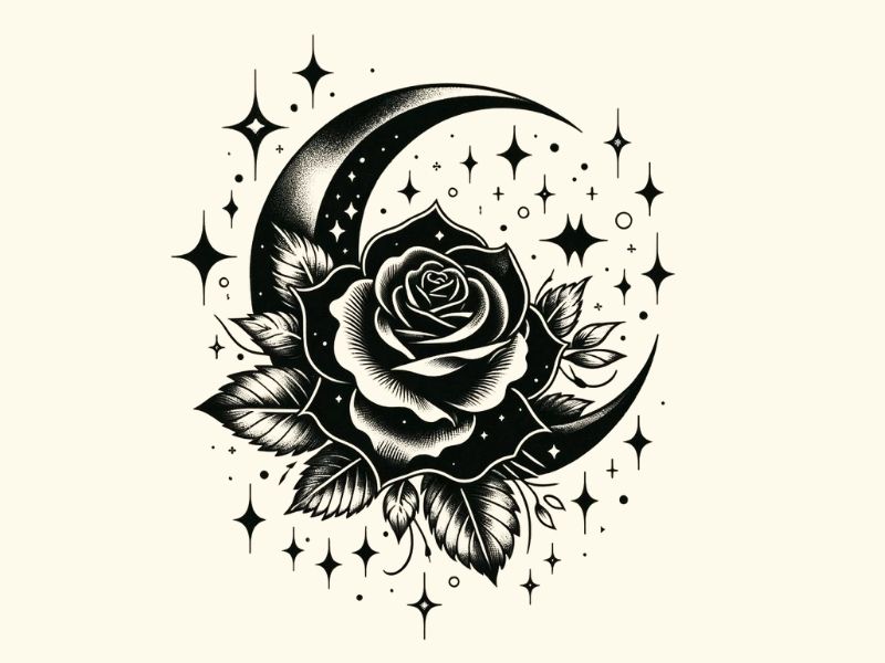 A black rose and cresent moon with stars tattoo design.
