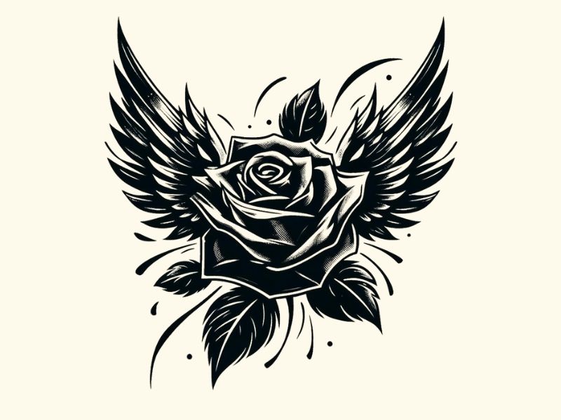 A black rose and wings tattoo design.