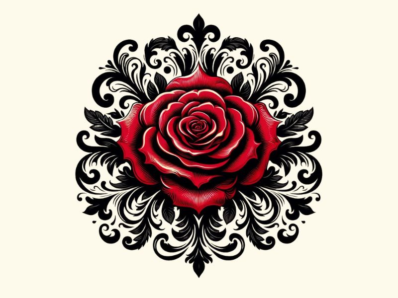 A Baroque style red rose tattoo design.