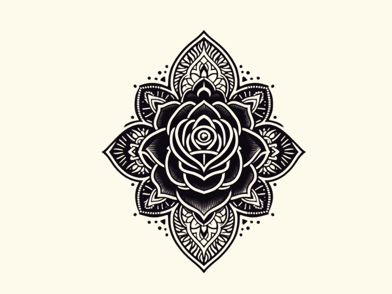 An ornate black rose tattoo design.