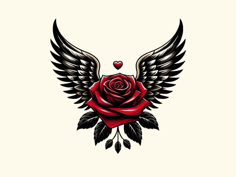 A red rose with black angel wings tattoo design. 