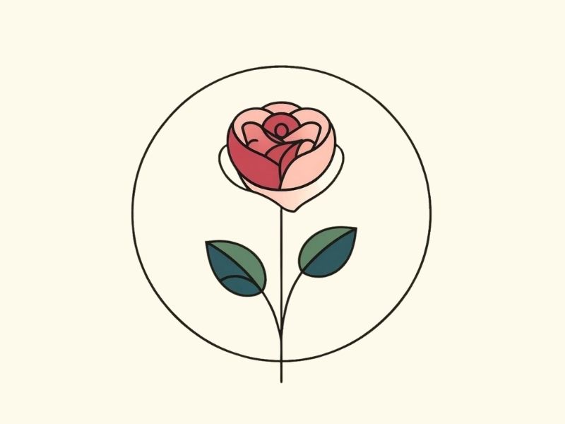 A minimalist style rose in a circle tattoo design.