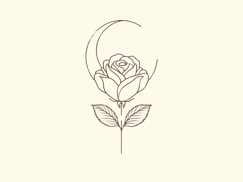 A minimalist cresent moon and rose tattoo design.