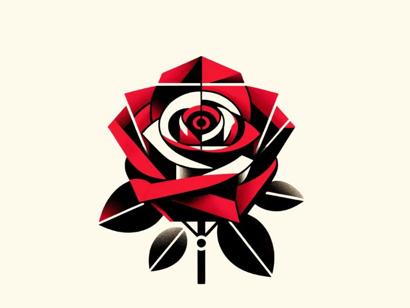 A geometric style red rose tattoo design.