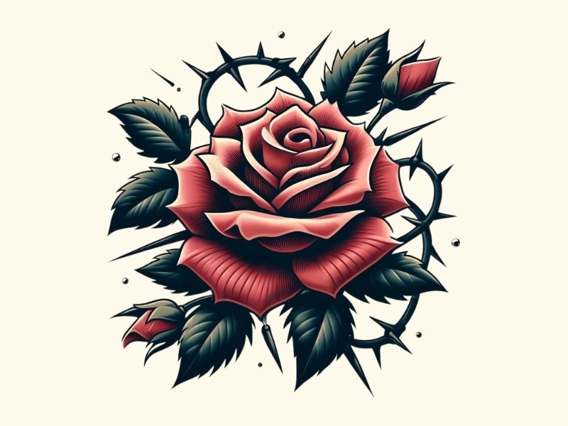 An American traditional thorny rose tattoo design.