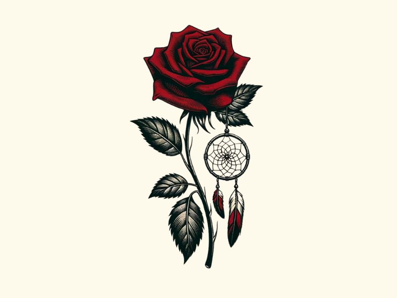 A red rose and dreamcatcher tattoo design.