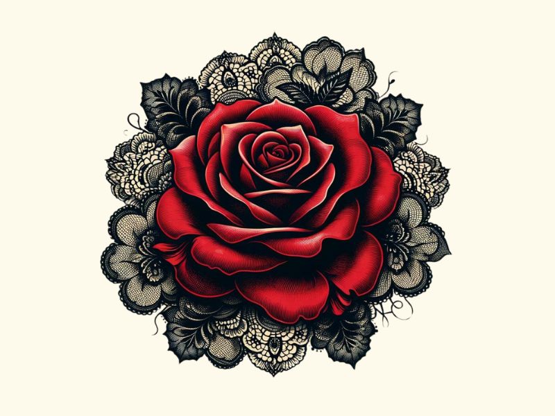 A red rose and black lace tattoo design.