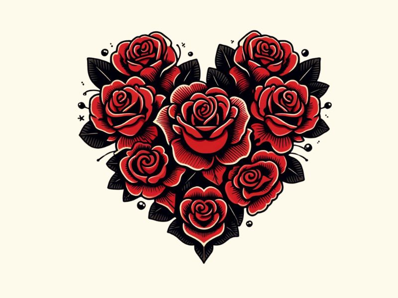 A heart shaped red roses tattoo design.