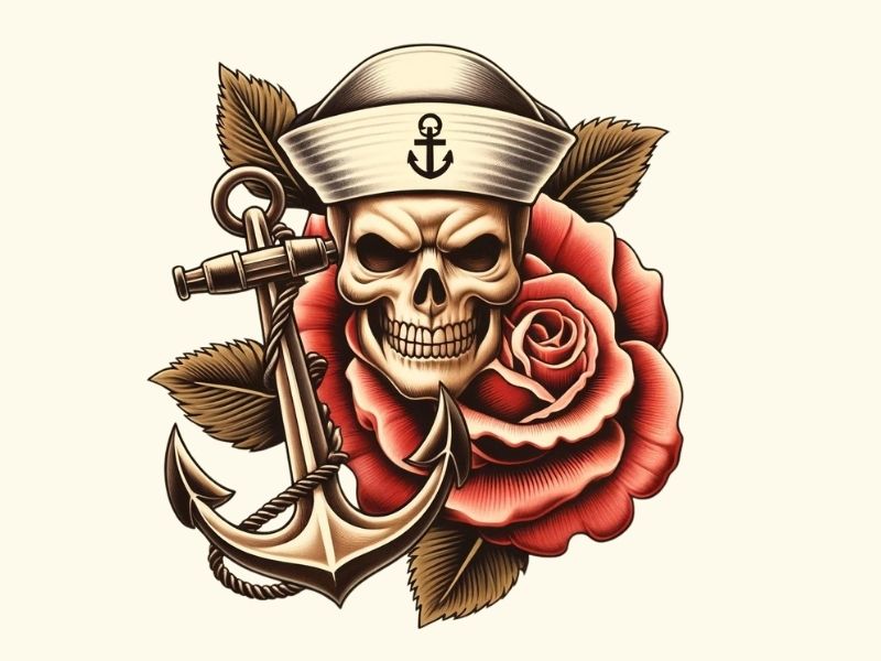 An American traditional rose with skull and anchor tattoo design.
