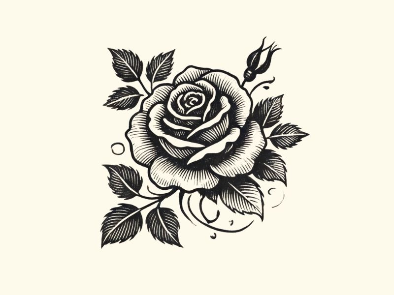 A sketch style black rose tattoo design.