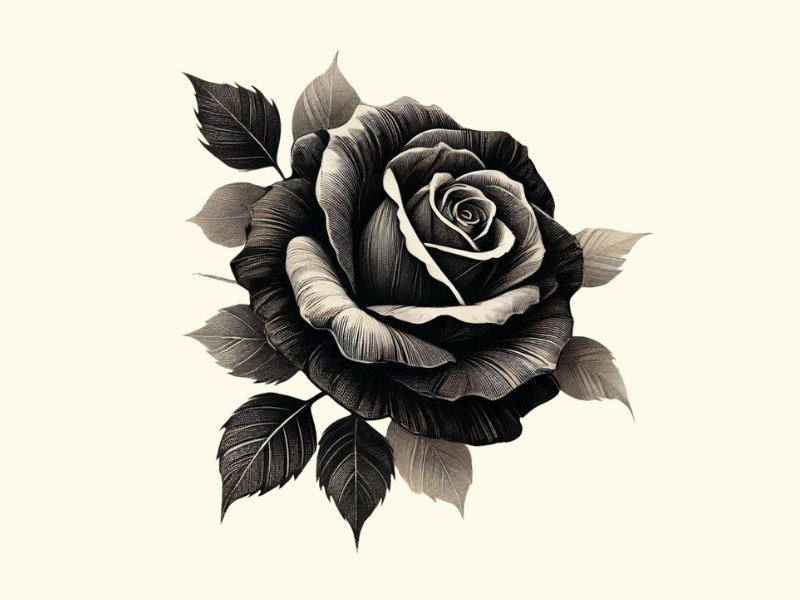 A watercolor black rose tattoo design.