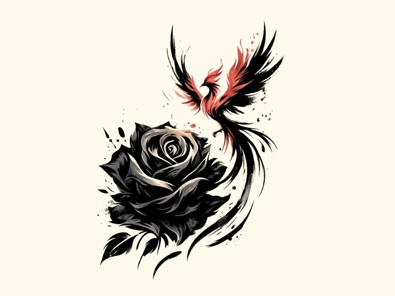 A black rose and phoenix tattoo design.
