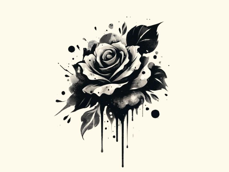 A watercolor style black rose tattoo design