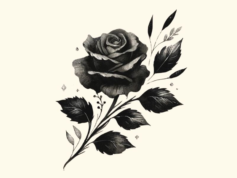 A simple watercolor black rose tattoo design.