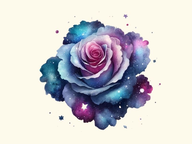 A cosmic inspired rose tattoo design.
